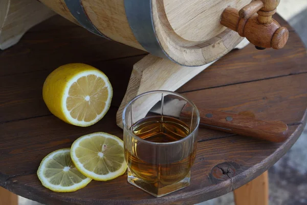 Brandy Lemon Glass Brandy Oak Barrel — Stock Photo, Image