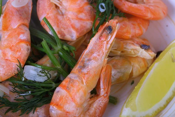 Boiled shrimps with dill and lemon. Boiled shrimp