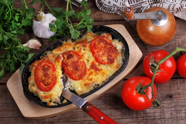 Fleisch Mit Käse Ofen Einer Portion Pfanne Gebacken — Stockfoto