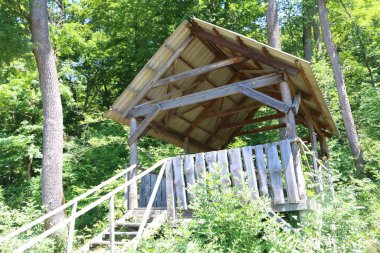 Ağaçların arasında ormanda eski ahşap çardak