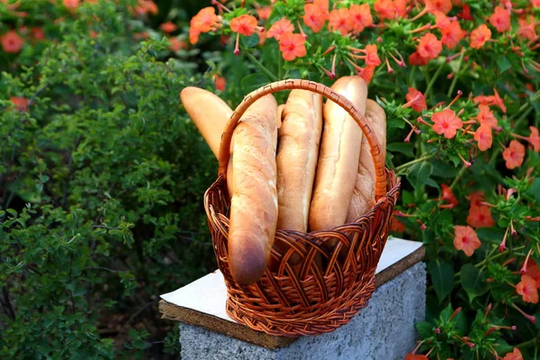 Cesta Con Panes Pan Francés Una Canasta — Foto de Stock