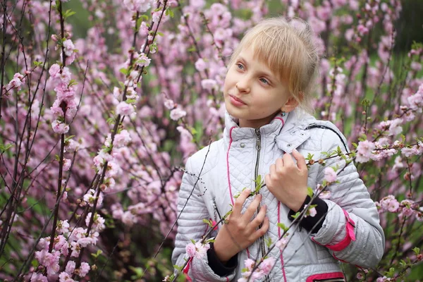 Girl Park Blooming Decorative Almonds — Stock Photo, Image