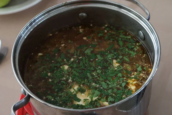 Soupe Légumes Avec Méthane Herbes Dans Une Casserole Borscht — Photo