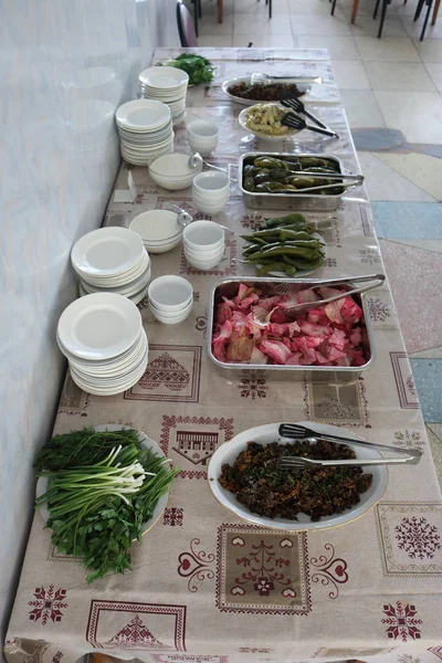 Pickled Cabbage Beets Hot Peppers Snacks Table — Stock Photo, Image