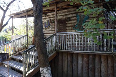 Ağaçların arasında ahşap ev