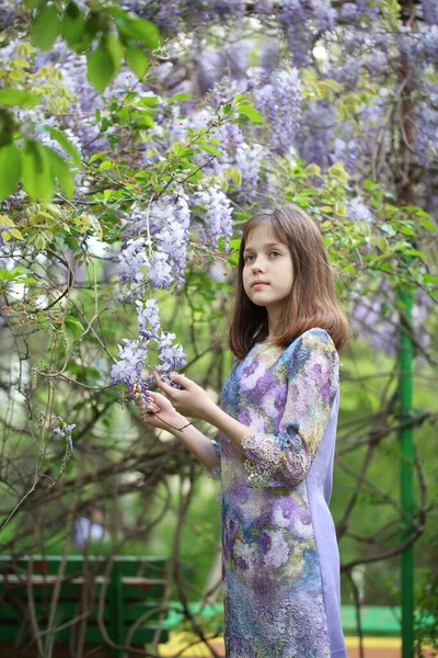藤の花の近くの公園で美しい女の子 — ストック写真