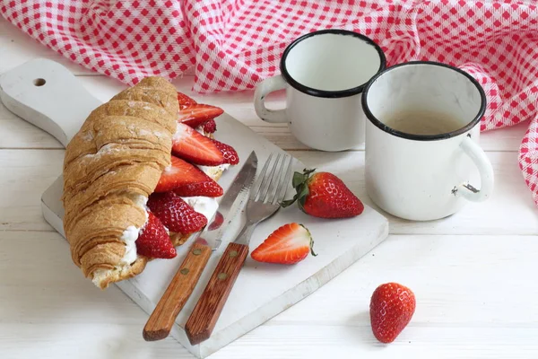 Croissant Strawberries Ricotta Cheese White Background — Stock Photo, Image
