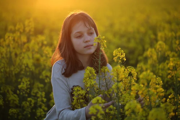 Beautiful Girl Blooming Rapeseed Field Sunset — Stock Photo, Image