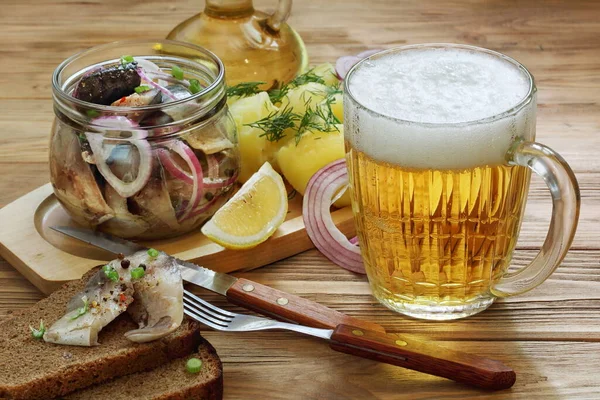 Pickled Mackerel Potatoes Beer — Stock Photo, Image