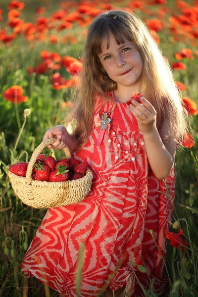 Chica Campo Con Amapolas Comiendo Fresas — Foto de Stock