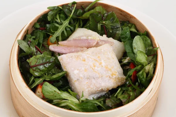 Steamed Cod Arugula Salad — Stock Photo, Image