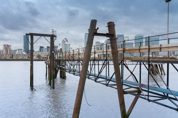 Skele Üzerinde Arka Plan Ofis Binaları Canary Wharf London Köpekler — Stok fotoğraf