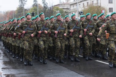 Avrupa street, Prag-Ekim 28, 2018: asker çek ordu yürüyüşe üzerinde oluşturma Çekoslovakya'yı 28 Ekim 2018 Prag, Çek Cumhuriyeti için 100 inci yıldönümü için askeri geçit töreni 