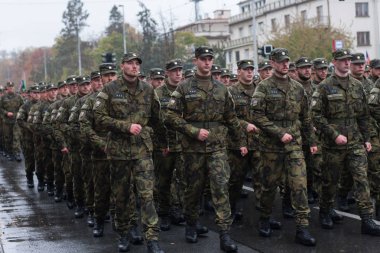 Avrupa street, Prag-Ekim 28, 2018: Çek ordu askerleri yürüyüşe üzerinde oluşturma Çekoslovakya'yı 28 Ekim 2018 Prag, Çek Cumhuriyeti için 100 yıldönümü için askeri geçit töreni 