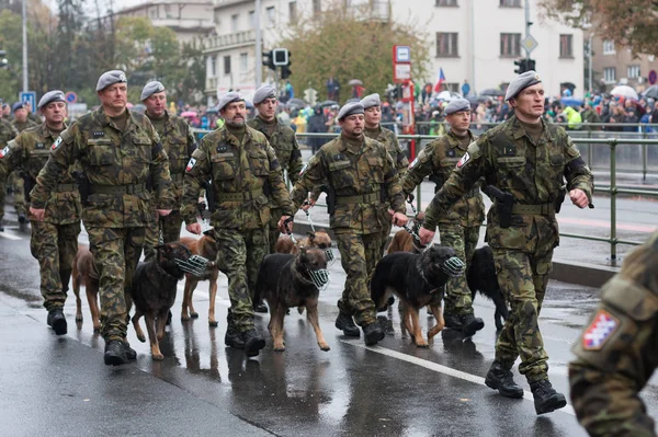 Європейський Вулиці Прага Жовтень 2018 Солдати Службовими Собаками Крокують Військовому — стокове фото