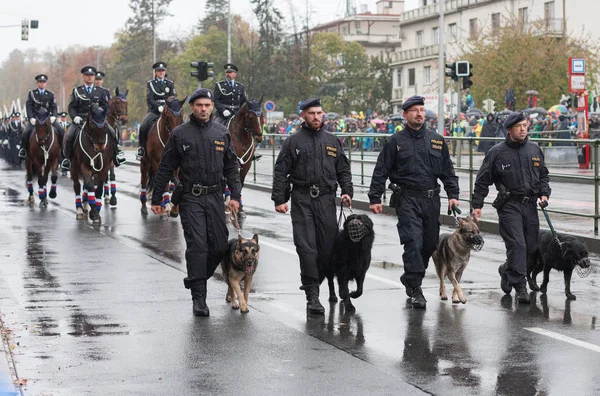Європейський Вулиці Прага Жовтень 2018 Поліція Працівників Службовими Собаками Крокують — стокове фото