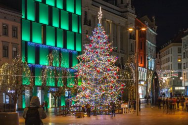 Brno, Çek Cumhuriyeti-Aralık 30,2018: insanlar ve Noel ağacı Özgürlük Meydanı'nda 30 Aralık 2018 üzerinde yürüme Brno, Çek Cumhuriyeti 
