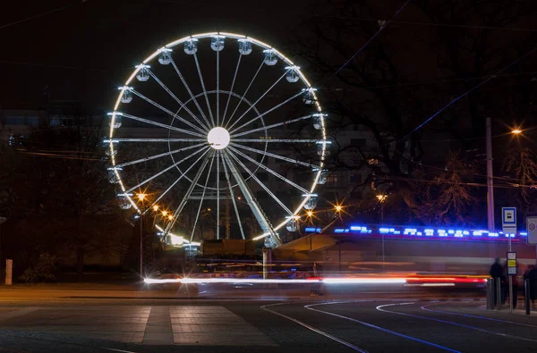 Sentiers Lumineux Camion Pompiers Roue Ferris Noël Sur Place Moravian — Photo