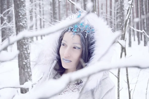 Beautiful Snow Queen in winter forest. Portrait of pretty ice princess