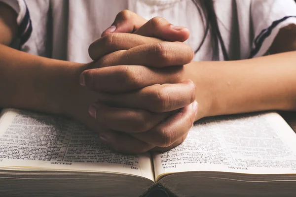 Orando mãos com a Bíblia Sagrada — Fotografia de Stock