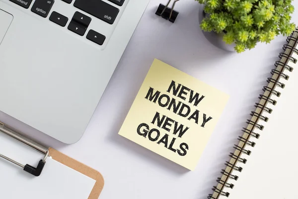 New Monday New Goals Concept Office Desktop View Office Supplies Royalty Free Stock Obrázky