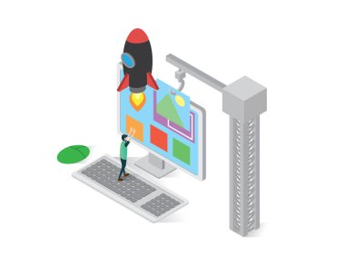 Web sitesi izometrik simgeler kavram kurmak, Web sitesi illüstrasyon vektör, Web sitesi Oluşturucu vektör çizim oluşturmak