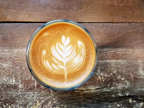 Cup Coffee Table Latte Art Rosetta Top View Wooden Table — Stock Photo, Image