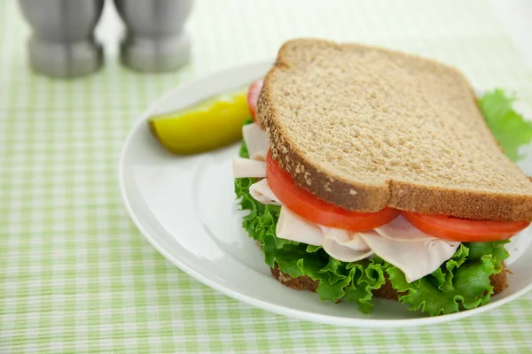 Kalkonsmörgås Fullkornsbröd Med Sallad Och Tomat Och Gurka Sidan Sittandes — Stockfoto