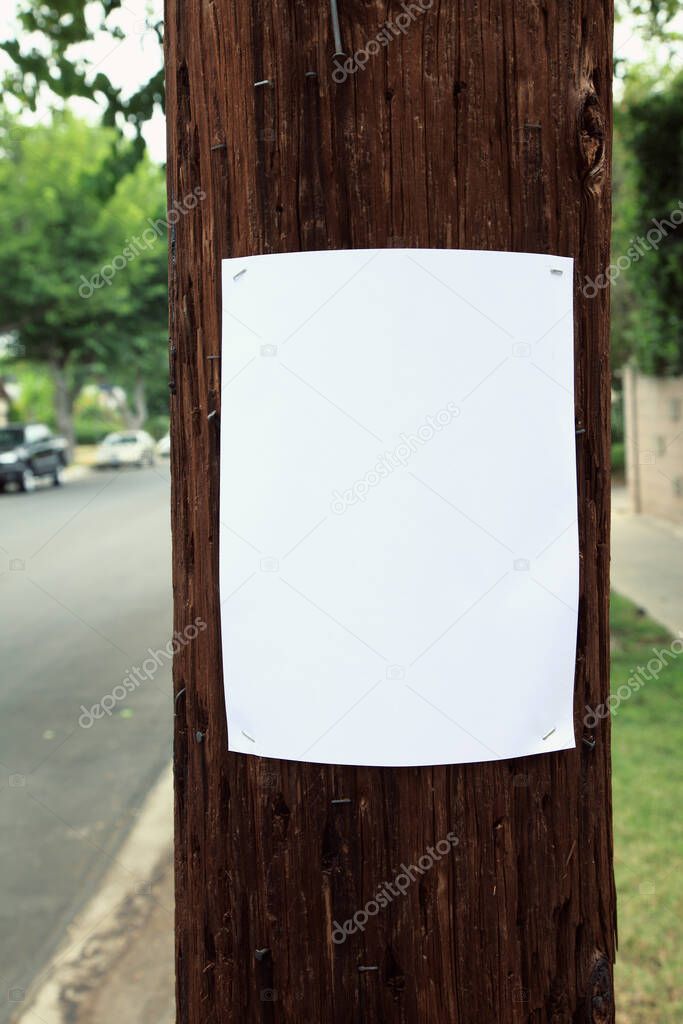 Blank sign stapled to a telephone pole on the side of the street in a suburban neighborhood.