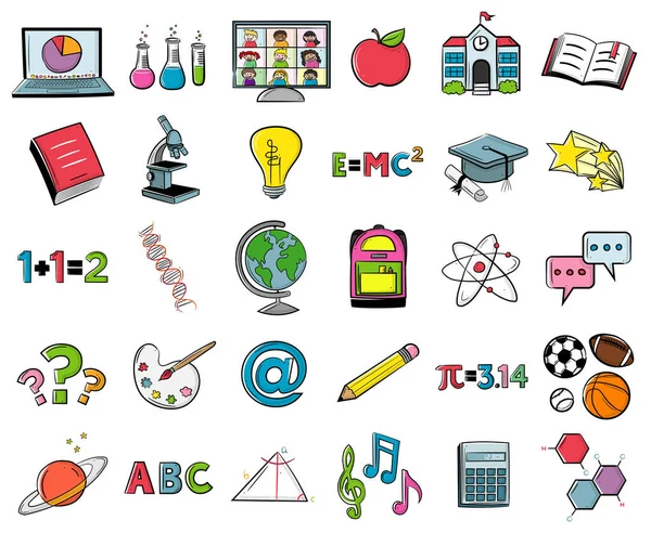 Deze Zwart Wit Lijnen Tekeningen Van School Thema Vector Pictogrammen — Stockvector