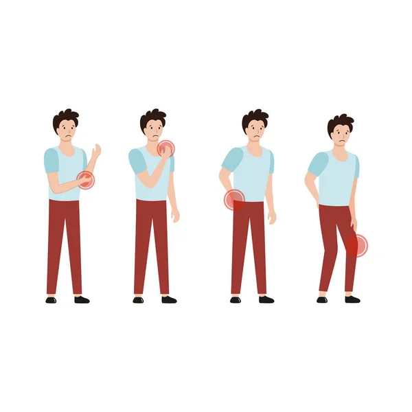 Set of vector illustrations. The man complains of pain in the joints, muscles and back. Drawing on the topic of medicine, diseases, chondrosis and spinal hernia. A patient at a doctor's appointment. — Stock Illustration Set Vector Illustrations Man Complains Pain Joints Muscles Back Drawing Stock Illustration