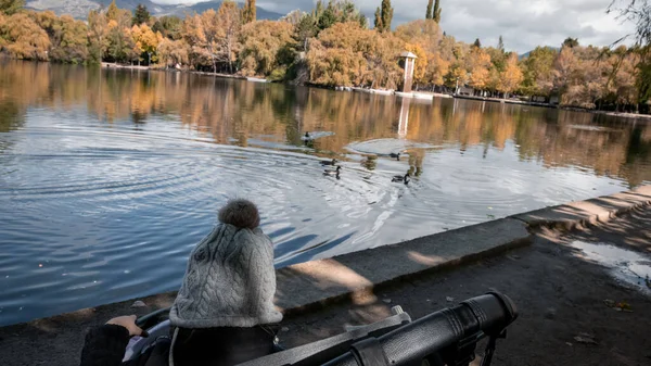 Bebek arabasında güzel bir manzara yansımasıyla göldeki ördekleri seyreden küçük bir kız. Sonbahar sezonu
