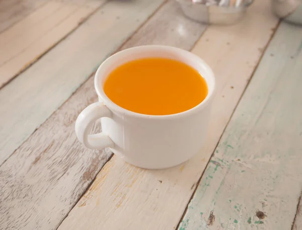 Orange Juice White Cup Wooden Table — Stock Photo, Image