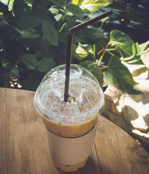 Take Home Plastic Glass Ice Coffee Wooden Table — Stock Photo, Image