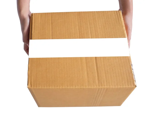 Mão segurando caixa marrom — Fotografia de Stock