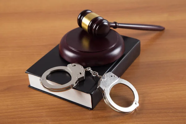 Gavel Handcuffs Legal Book Wooden Table Stock Photo
