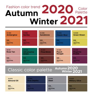 Moda renk trendi: Sonbahar Kış 2020-2021. Renk örnekleri, RGB, HEX renkleri içeren palet renk rehberi.