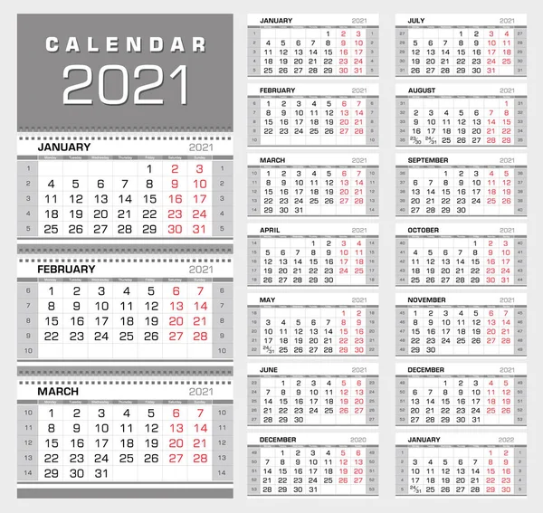 Стена Квартальный Календарь 2021 Номерами Недель Начало Недели Понедельника Готов — стоковый вектор