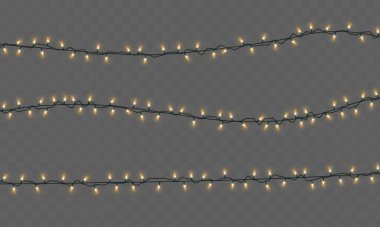 Şeffaf bir arka planda izole edilmiş Noel ışıkları. Sarı ampullerin Noel elektrik çelengi. Noel tebrik kartı tasarımı için parlayan ışıklar, tatil süslemeleri. Vektör illüstrasyonu