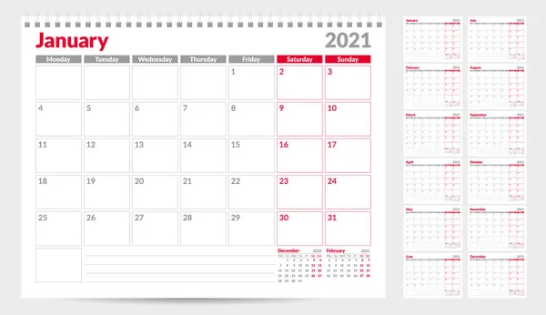 Plantilla Planificador Calendario 2021 Semana Comienza Lunes Conjunto Meses Listo — Archivo Imágenes Vectoriales