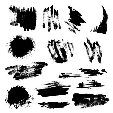 Siyah boya, mürekkep sıçramaları, grunge dokusu, fırça darbeleri, fırçalar, lekeler, damlalar, sıçramalar. Vektör koleksiyonu kirli sanatsal tasarım elementleri, boya fırçası, grunge silueti