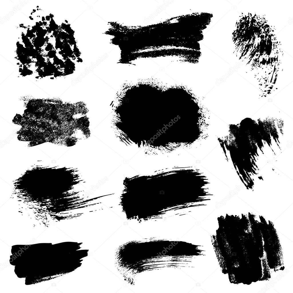 Set of black paint, ink splatters, grunge texture, brush strokes, brushes, blots, drops, splashes. Vector collection dirty artistic design elements, paintbrush, grunge silhouette