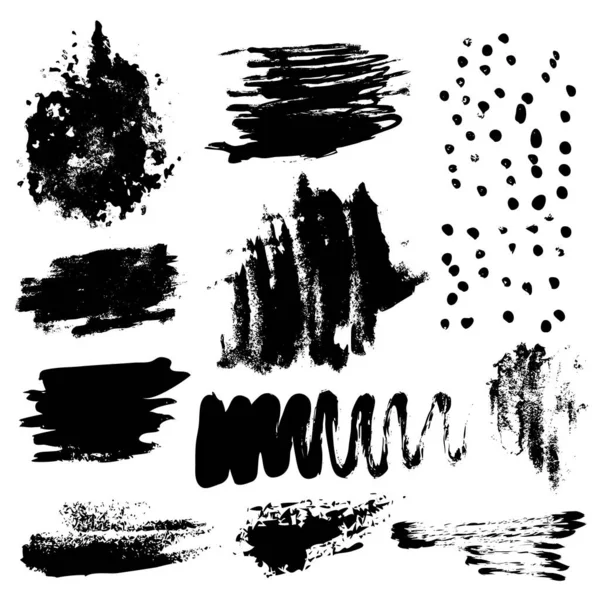 Conjunto Pintura Negra Salpicaduras Tinta Textura Grunge Pinceladas Pinceles Manchas — Vector de stock