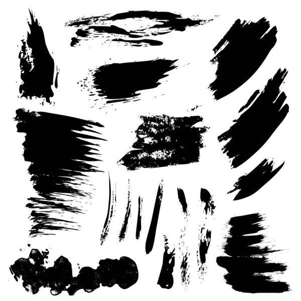 Set of black paint, ink splatters, grunge texture, brush strokes, brushes, blots, drops, splashes. Vector collection dirty artistic design elements, paintbrush, grunge silhouette