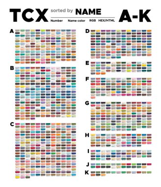 Moda, Ev ve İç mekan renklerinin isimlerine göre sıralanmış renkli Pantone tablosu. Numarası olan palet, isimlendirilmiş kumaşlar, pantone RGB, HTML ve HEX tanımına uygun grafikler. Pamukta baskı için deneme sayfası
