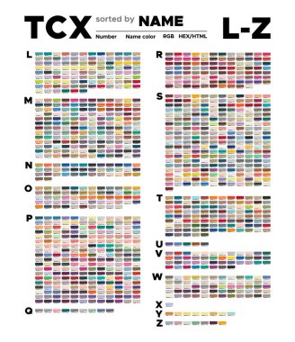 Moda, Ev ve İç mekan renklerinin isimlerine göre sıralanmış renkli Pantone tablosu. Numarası olan palet, isimlendirilmiş kumaşlar, pantone RGB, HTML ve HEX tanımına uygun grafikler. Pamukta baskı için deneme sayfası