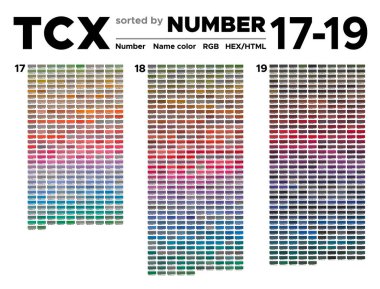 Moda, Ev ve İç mekan renklerinden biri numaraya göre sıralanmış renkli Pantone tablosu. Numarası olan palet, isimlendirilmiş kumaşlar, pantone RGB, HTML ve HEX açıklamasıyla uyumlu grafikler