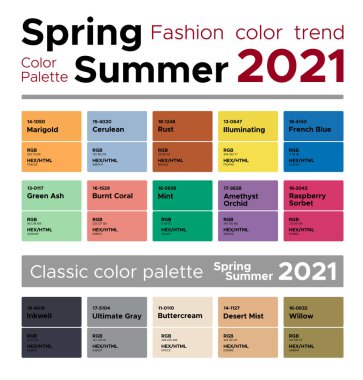 Moda renk trendleri bahar 2021. Renk örnekleri, RGB, HEX renkleri içeren palet renk rehberi.