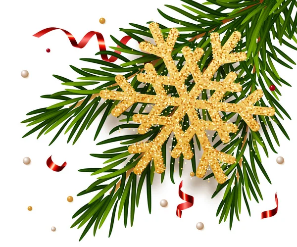 Χρυσή Νιφάδα Χιονιού Έλατα Κλαδιά Σερπεντίνη Έννοια Για Χαιρετισμό Πρωτοχρονιάς — Διανυσματικό Αρχείο