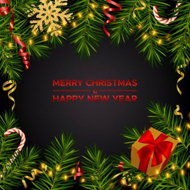 Mutlu Noeller ve mutlu yıllar. Gerçekçi çam dalları, hediye kutuları, parlak altın kar taneleri, baston şekerler ve yılan balıklarıyla dolu Xmas karanlık arka planı. Noel, Yeni Yıl tebrik kartı vektör şablonu